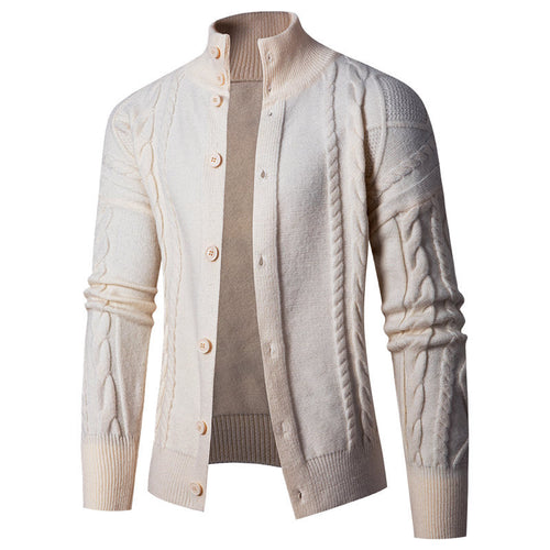 Herren Strickjacke mit klassischem Kabelmuster und hohem Stehkragen EB