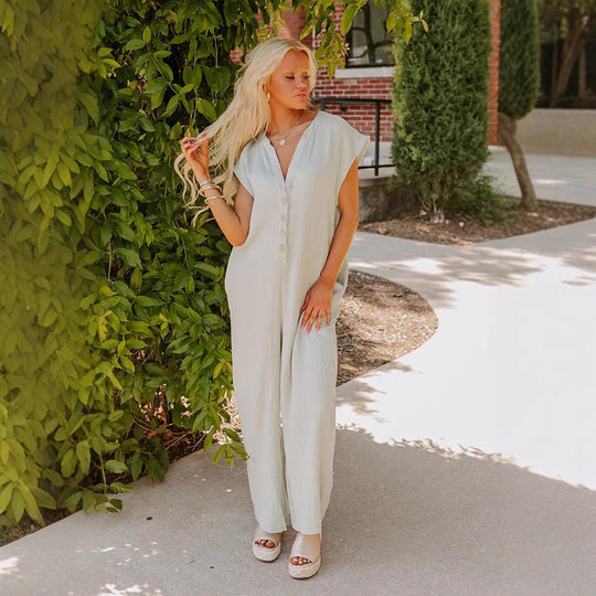 Damen Weitgeschnittener Jumpsuit mit Knopfleiste und Taschen EB