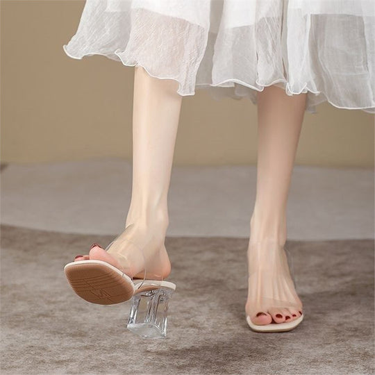 Damen Mules mit transparentem Riemendesign und glamourösem Blockabsatz EB