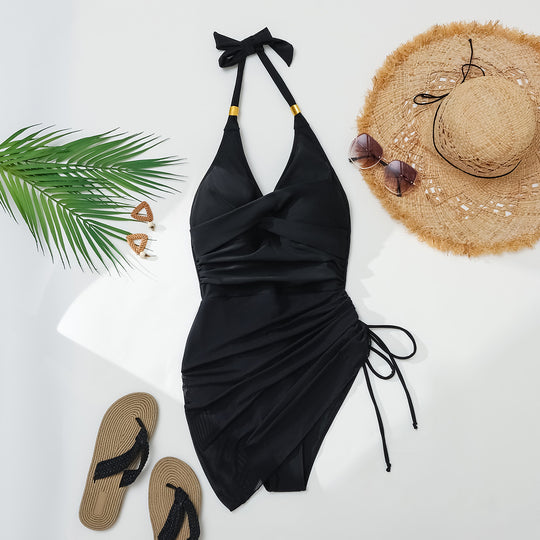 Damen Eleganter Badeanzug mit Wickeldesign und goldenen Akzenten EB