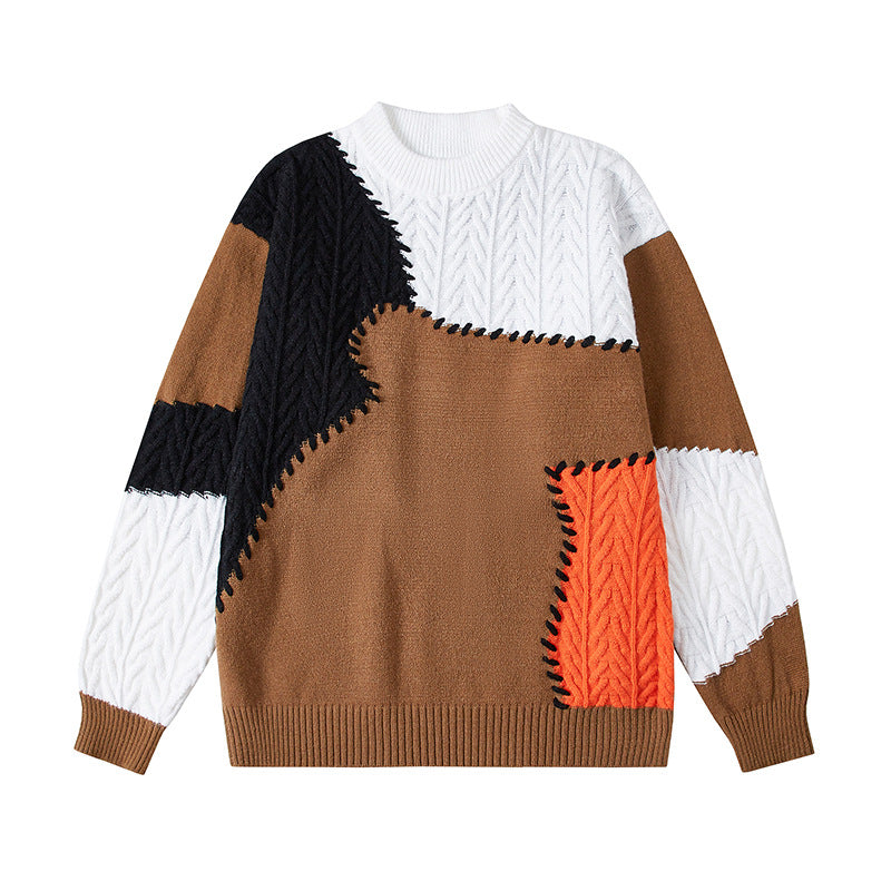 Herren nan strukturierter Patchwork-Strickpullover mit Zopfmuster und Rundhals EB