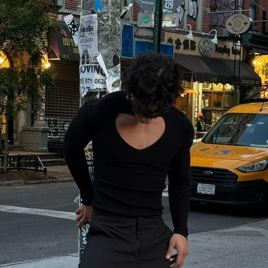 Damen nan figurbetontes Langarm-Top mit Cut-Out und Stehkragen EB
