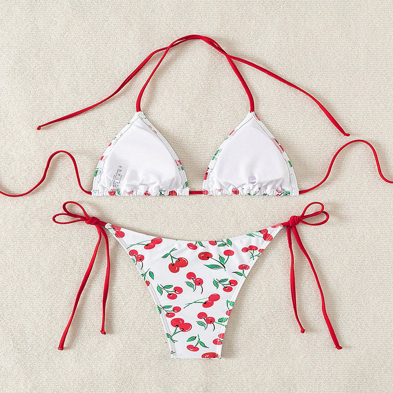 Damen Triangel-Bikini mit fröhlichem Kirschmuster und verstellbaren Bindebändern EB