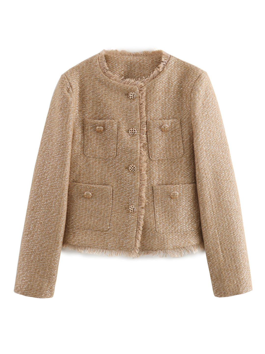 Damen elegante Tweed-Jacke mit Fransen und dekorativen Knöpfen EB