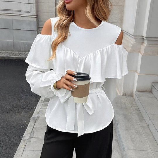 Damen Elegant-Volant-Bluse mit Cut-Out-Schulter und Bindegürtel EB
