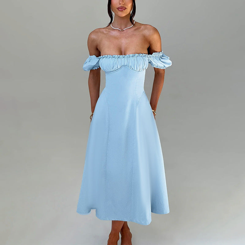 Damen Maxi-Kleid mit voluminösen Puffärmeln und elastischem Ausschnitt EB