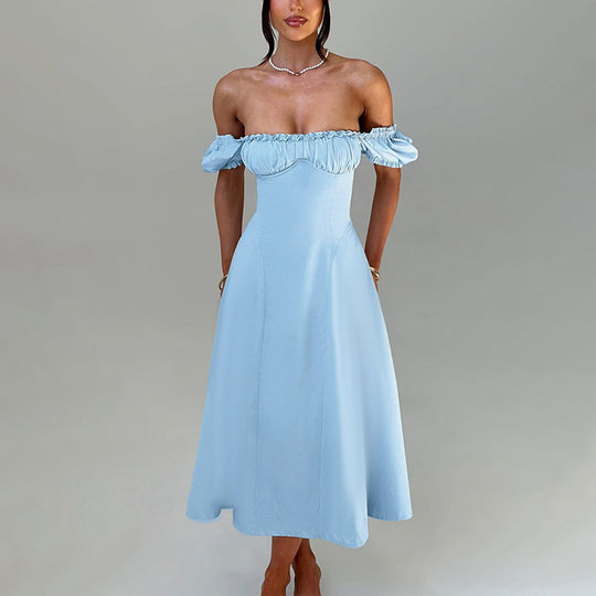 Damen Maxi-Kleid mit voluminösen Puffärmeln und elastischem Ausschnitt EB
