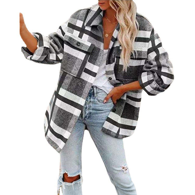Damen nan karierte Overshirtjacke mit Brusttaschen und lockerer Passform EB