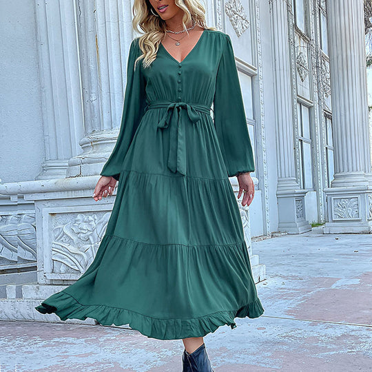 Damen Maxikleid mit Knopfleiste, Taillengürtel und Rüschensaum EB