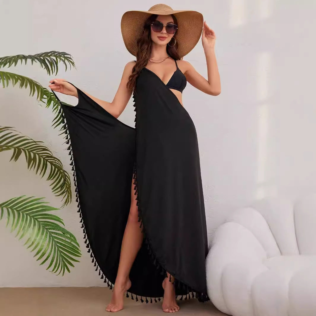 Damen Elegantes Maxikleid mit verspielten Quasten und hohem Beinschlitz EB