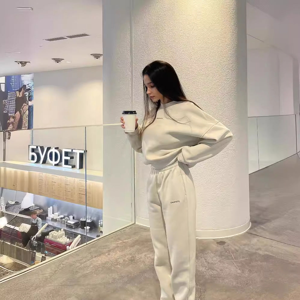 Damen nan Oversized kurz geschnittenes Sweatshirt mit High Waist Fleece Jogginghose Set EB