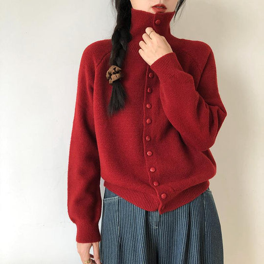 Damen Hochwertiger Strickcardigan mit Stehkragen und Knopfdetails EB