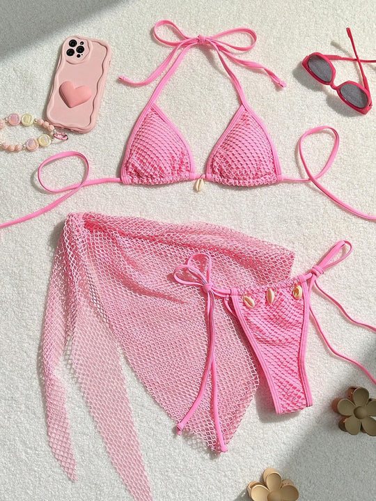 Damen Triangel-Bikini mit transparentem Netzgewebe und Schnürdetails EB