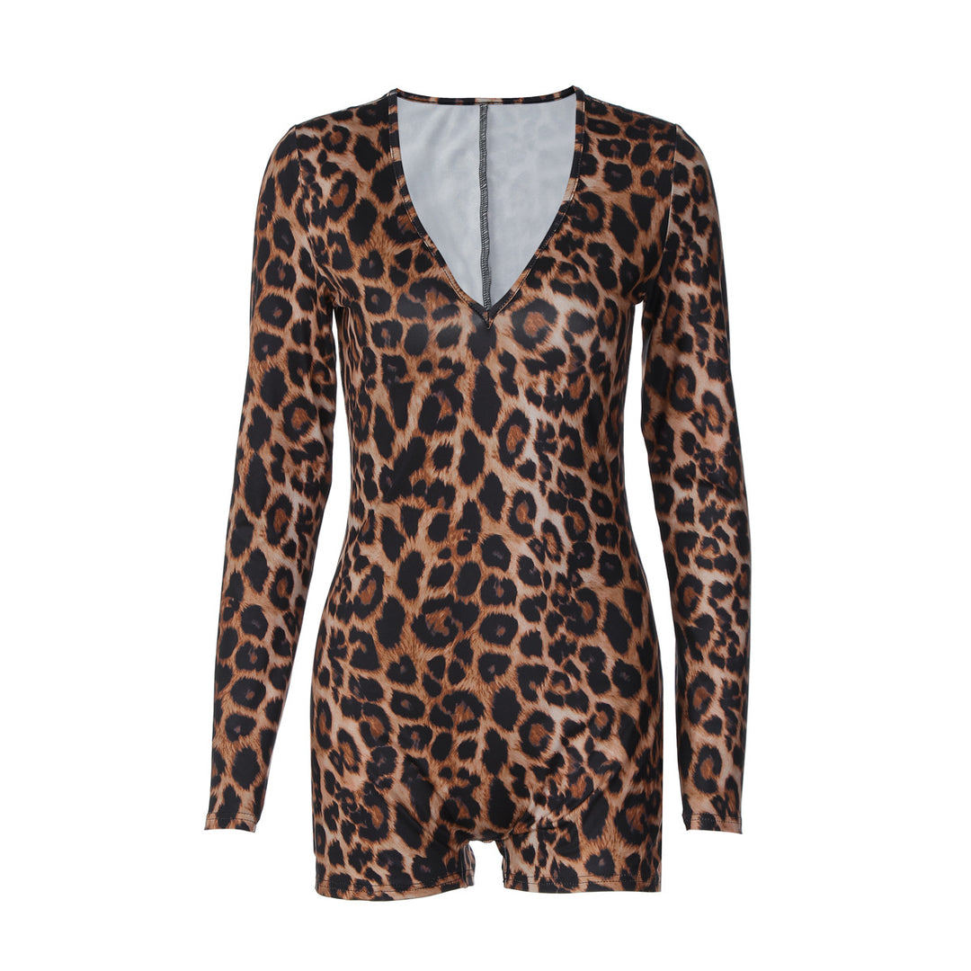 Damen stylischer Leopardenmuster Bodysuit mit V-Ausschnitt und langen Ärmeln EB
