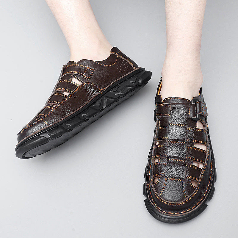 Herren offene Leder-Sandalen mit praktischem Klettverschluss und rutschfester Sohle EB