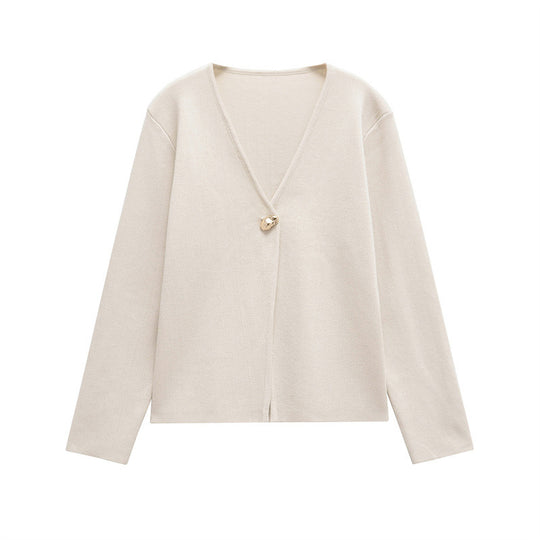 Damen schicke Strickjacke mit elegantem V-Ausschnitt und dekorativem Knopf EB