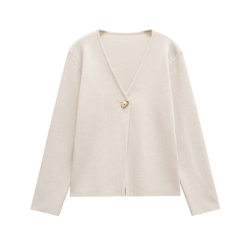 Damen schicke Strickjacke mit elegantem V-Ausschnitt und dekorativem Knopf EB