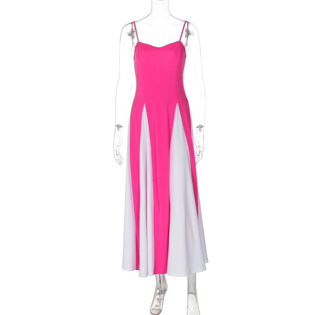 Damen Elegantes Maxikleid mit diagonalen Farbakzenten und schmalen Spaghettiträgern EB