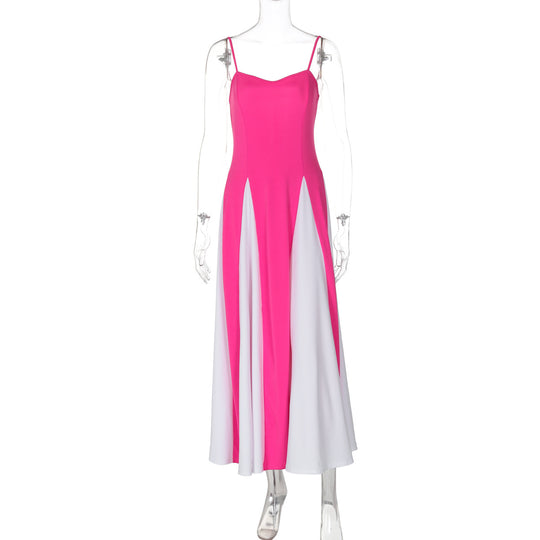 Damen Elegantes Maxikleid mit diagonalen Farbakzenten und schmalen Spaghettiträgern EB