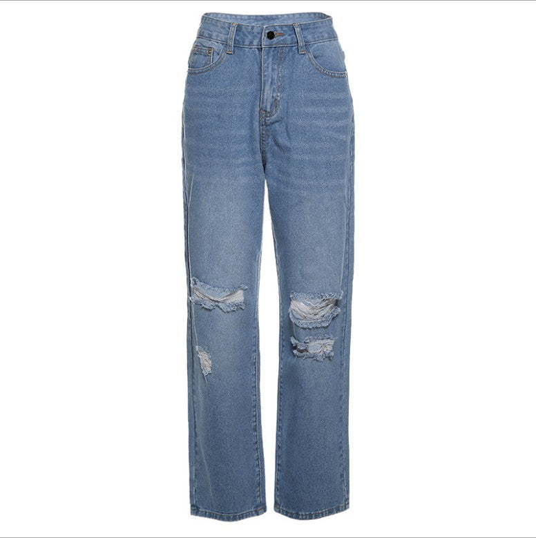 Damen nan hochgeschnittene weite Jeanshose im Baggy-Stil mit Knieausfransungen und elastischem Saum EB