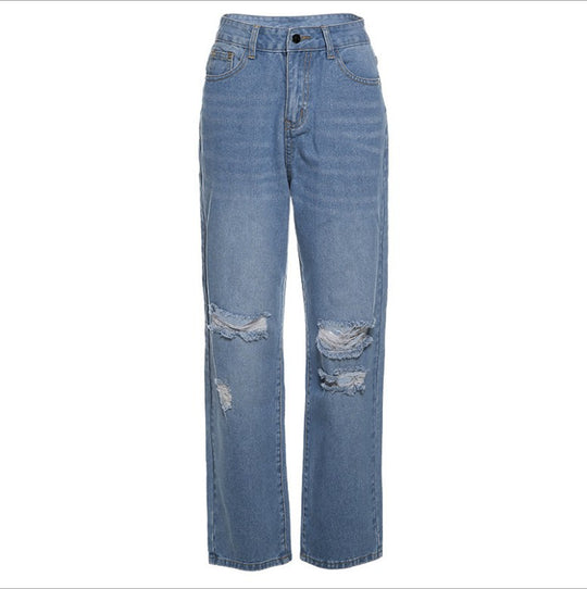 Damen nan hochgeschnittene weite Jeanshose im Baggy-Stil mit Knieausfransungen und elastischem Saum EB