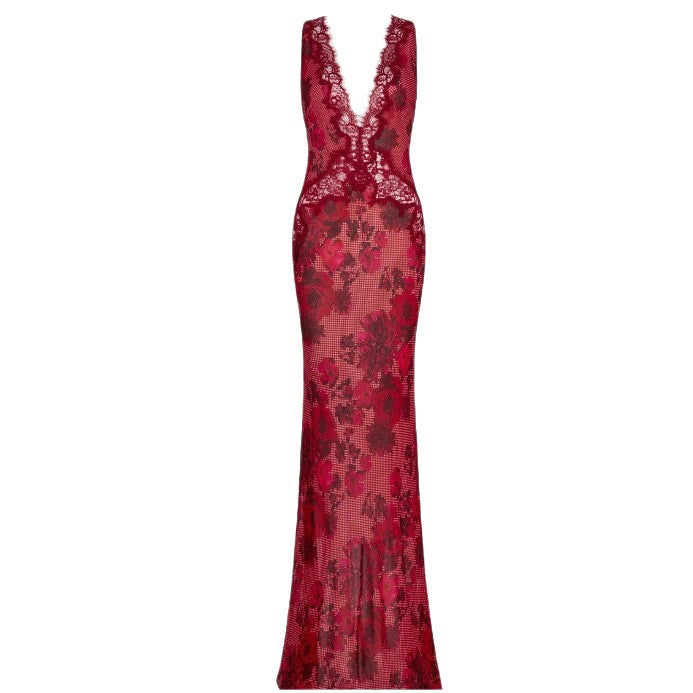 Damen nan figurbetontes Maxikleid im Meerjungfrauen-Schnitt mit tiefem V-Ausschnitt und floraler Spitzenapplikation EB