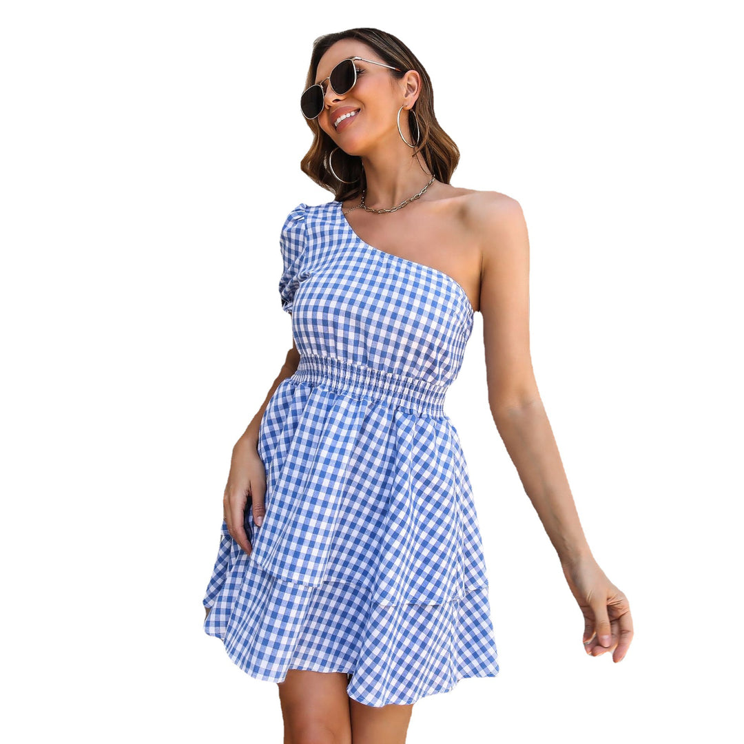Damen Langarm-Kleid mit einseitigem Träger und lässigem Karomuster EB