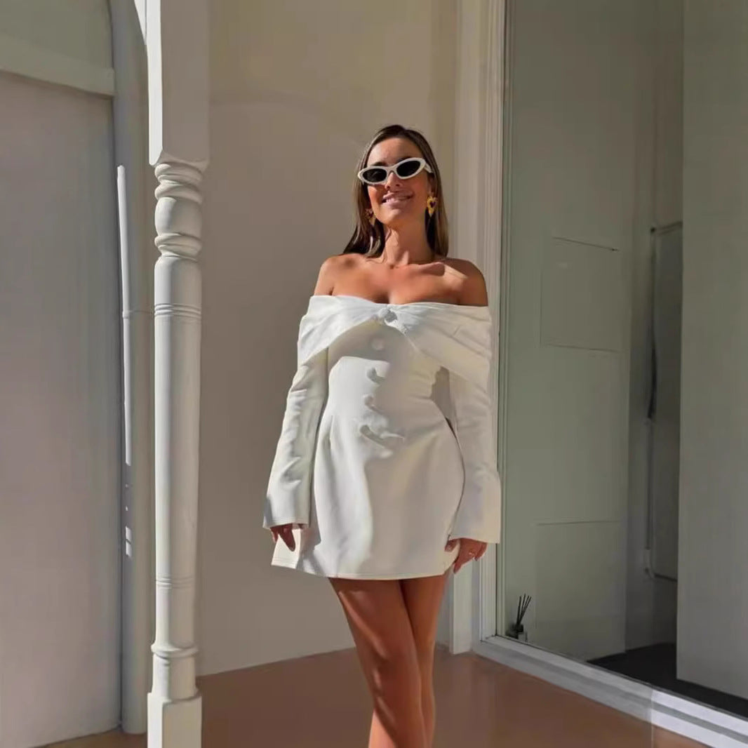 Damen schulterfreies Abendkleid mit elegantem Knopfdetail und weitem Rock EB