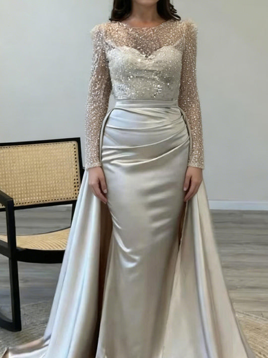 Damen Abendkleid mit funkelndem Paillettenoberteil und elegantem Satinrock EB