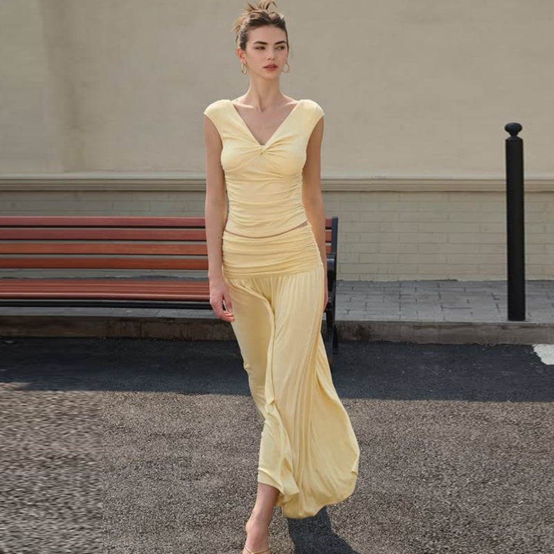 Damen Fließendes Maxikleid mit Raffungen und V-Ausschnitt EB