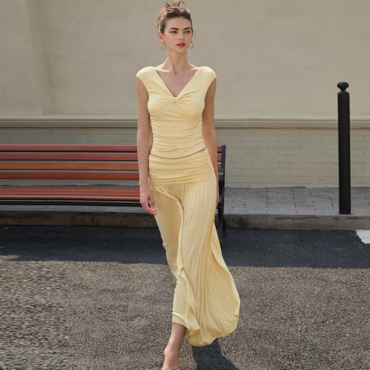Damen Fließendes Maxikleid mit Raffungen und V-Ausschnitt EB