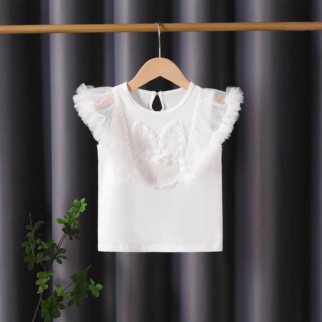 Mädchen T-Shirt mit luftigen Tüllärmel und besticktem Bunny-Motiv EB