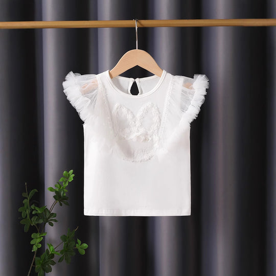 Mädchen T-Shirt mit luftigen Tüllärmel und besticktem Bunny-Motiv EB
