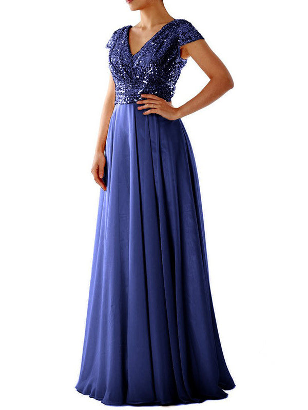 EB | Damen Kleider V-Ausschnitt Paillette Chiffon Paneel Maxi Kleid