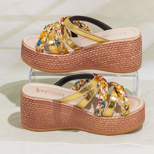 Damen elegantere Plateau-Pantoletten mit floralen Verzierungen EB
