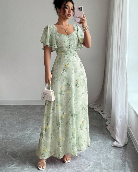 Damen Maxikleid mit fließendem Schnitt und romantischem Blumenmuster EB