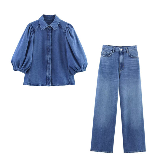 Damen luftige und strukturierte Bluse mit Balloonärmeln und weiten Jeans EB
