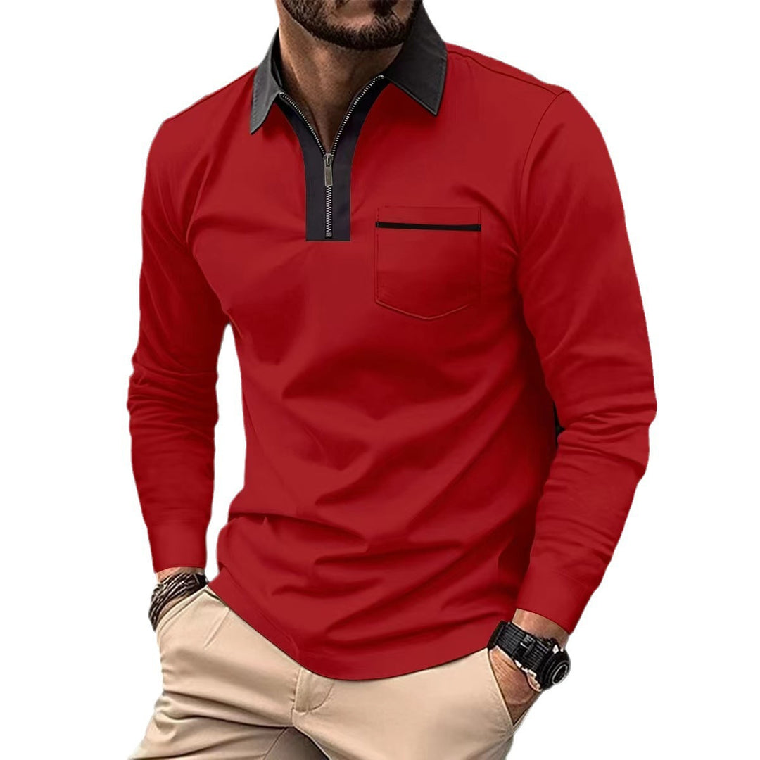Herren Langarm-Poloshirt mit Halbzip, Kontrastkragen & Brusttasche EB