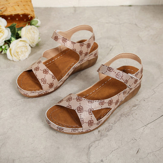 Damen Bequeme Wedge-Sandalen mit breitem Riemen und floralem Design EB