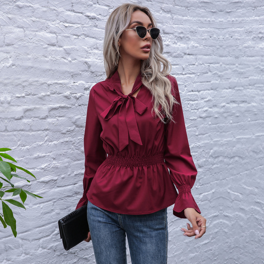 Damen elegante Bluse mit Schleifen-Ausschnitt und elastischem Bund EB
