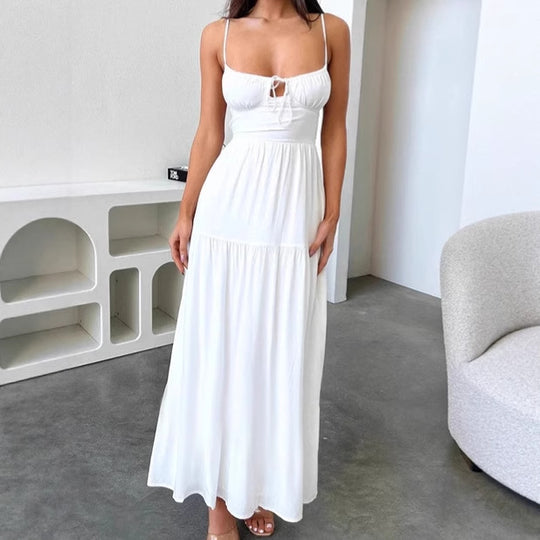 Damen Maxikleid mit verspielt geschnürtem Oberteil und fließendem Rock EB