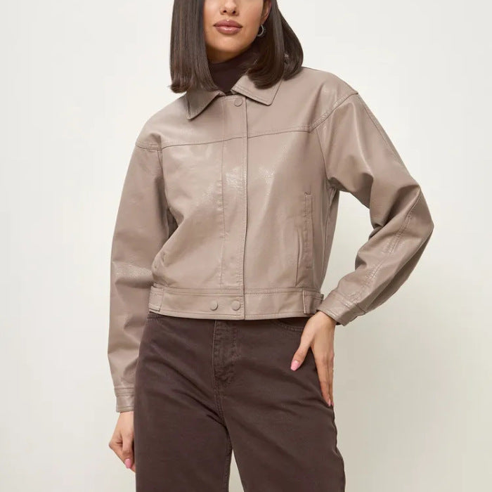 Damen modische cropped Kunstlederjacke mit eleganten Details EB