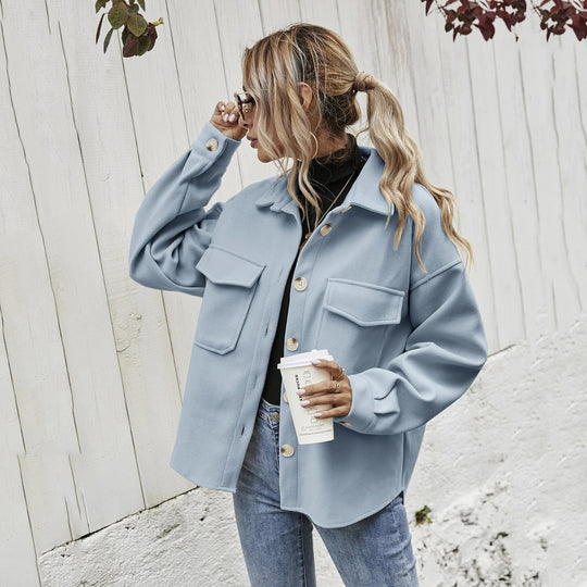 Damen elegante Oversized Jacke mit aufgesetzten Taschen und modischem Kragen EB