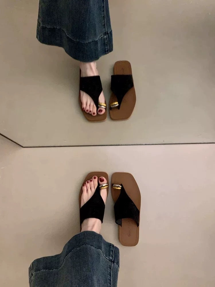 Damen Zehentrenner-Sandalen mit elegantem Goldakzent und rutschfester Sohle EB