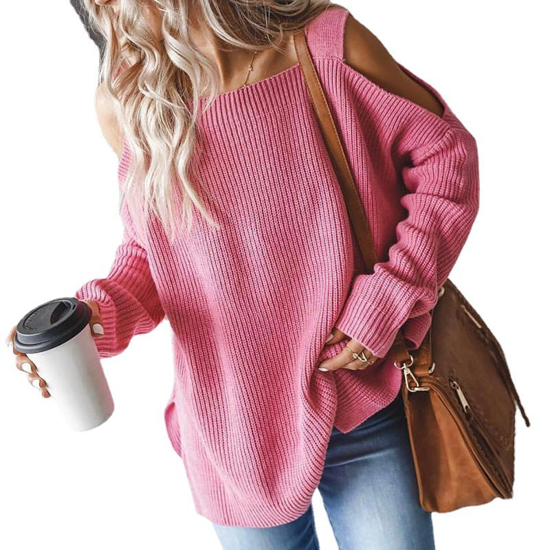Damen lässiger Strickpullover mit offenen Schultern und großzügigem Schnitt EB