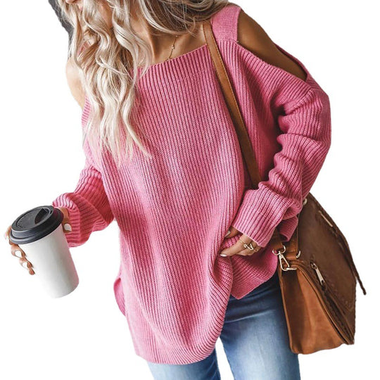 Damen lässiger Strickpullover mit offenen Schultern und großzügigem Schnitt EB