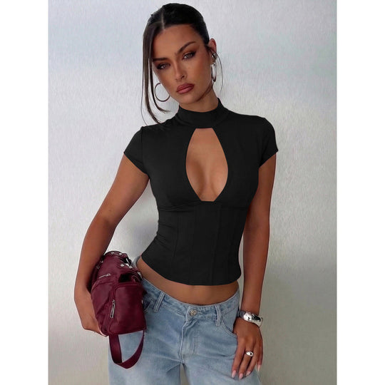 Damen figurbetontes Oberteil mit hochgeschlossenem Design und Cut-Out Akzent EB