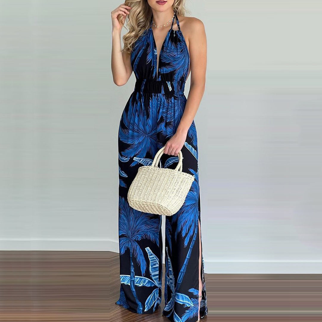 Damen eleganter Jumpsuit mit Spaghettiträgern und hohen Seitenschlitzen EB