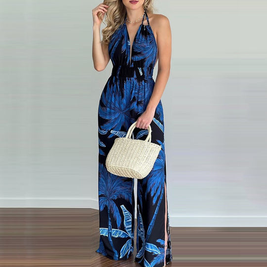 Damen eleganter Jumpsuit mit Spaghettiträgern und hohen Seitenschlitzen EB
