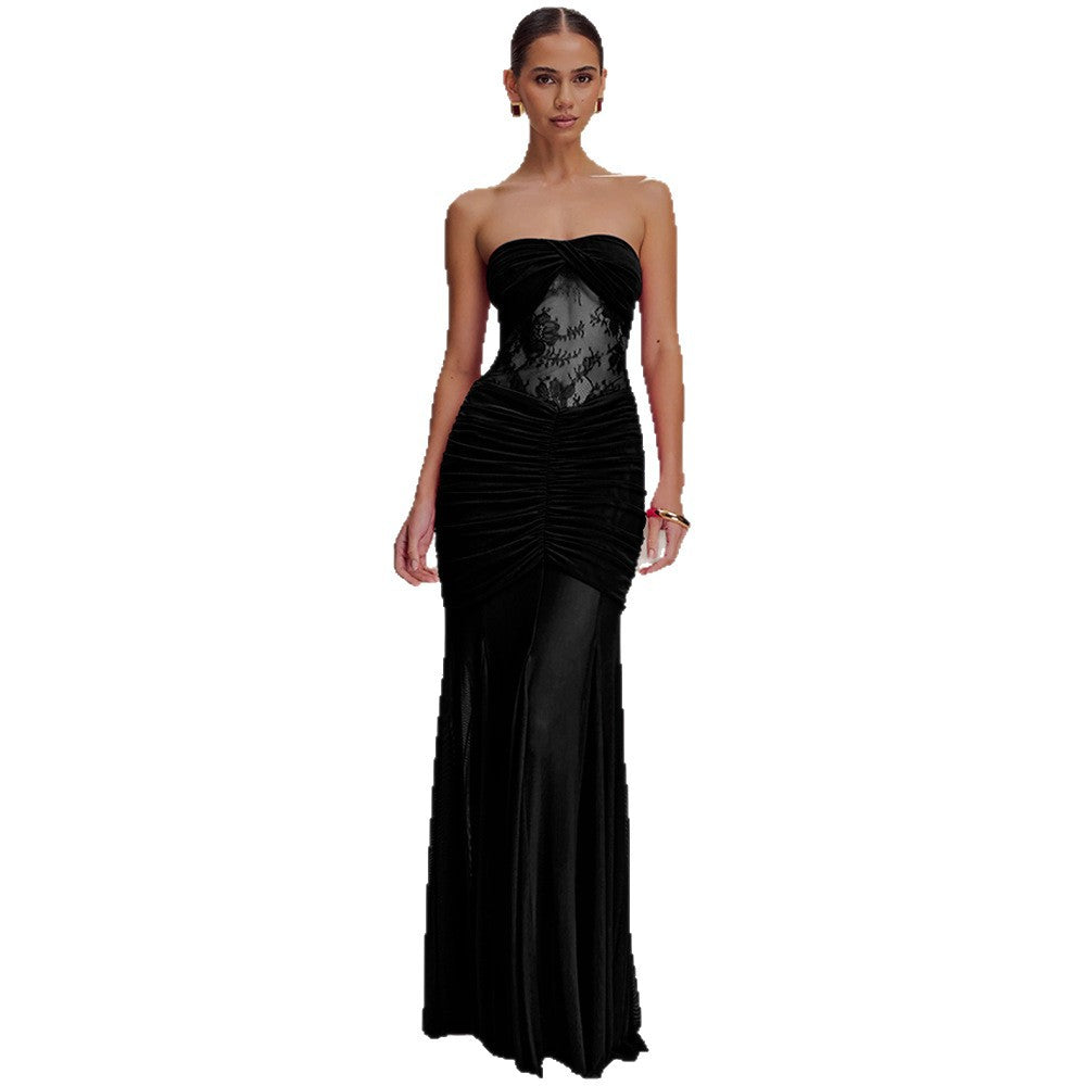 Damen Strapless Maxikleid mit raffinierten Drapierungen und Spitzen-Mix EB